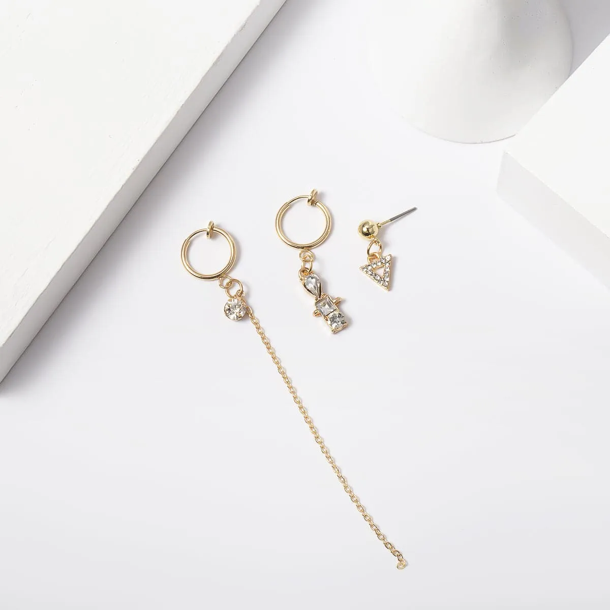 Cubic Zirconia & 18K Gold-Plated Triangle Drop Earrings Set