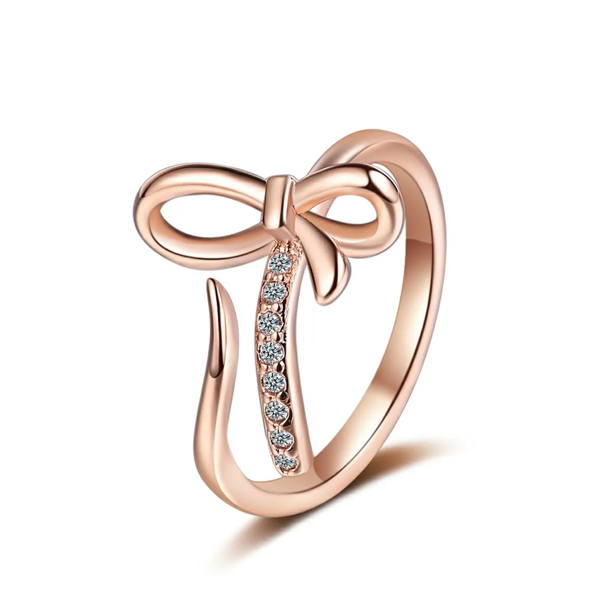 Cubic Zirconia & 18K Rose Gold-Plated Pavé Openwork Bow Bypass Ring