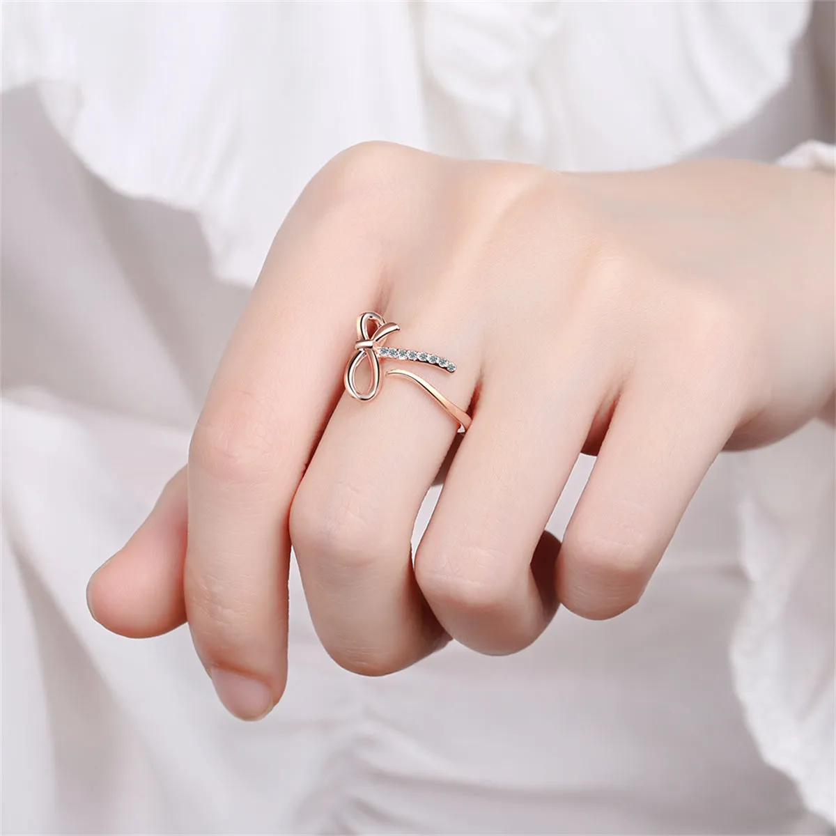 Cubic Zirconia & 18K Rose Gold-Plated Pavé Openwork Bow Bypass Ring