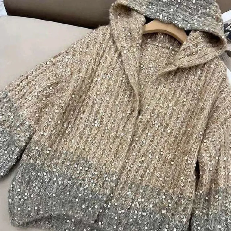 Women's Sequin Cardigan Sweater Sparkly Knitted Long Sleeve Loose Cardigan with Zipper Stand Collar